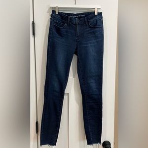 Articles of Society Jean. Mid waist, skinny, ankle length, raw hem, super soft.
